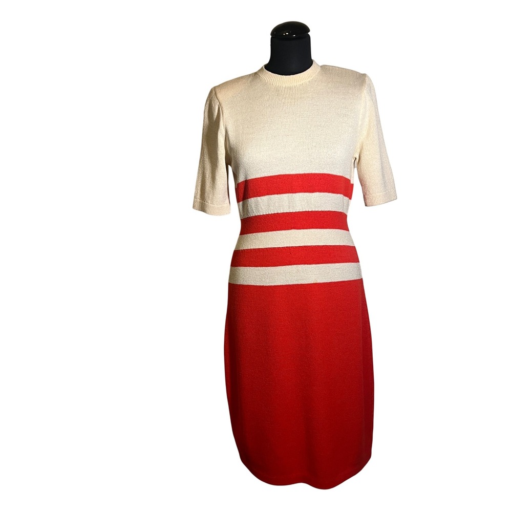 Vintage St. John by Marie Gray Knit Striped Colorblock Dress in Cream and Red